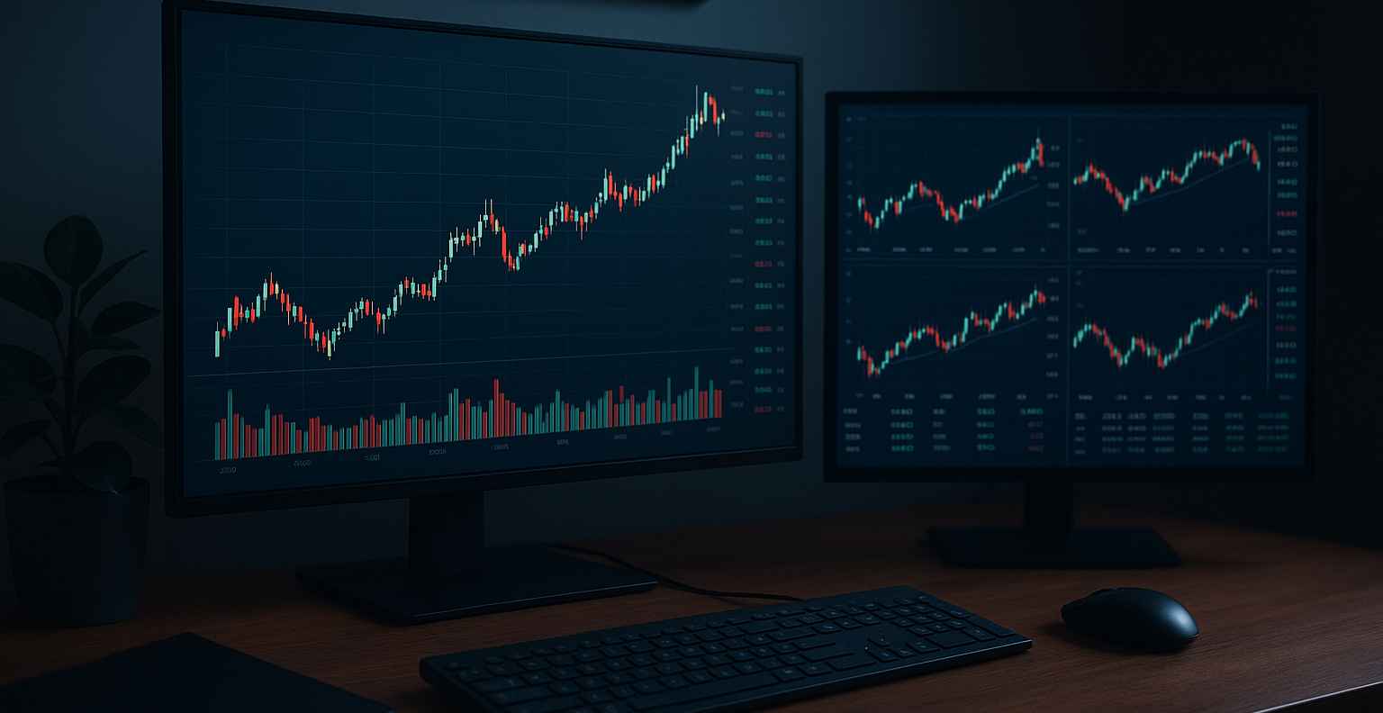 A stylized, fast-moving forex chart overlayed with a clock hands accelerating.